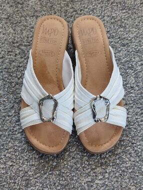 Impo White Slip-On Stretch Wedge Mules with Silver Buckle